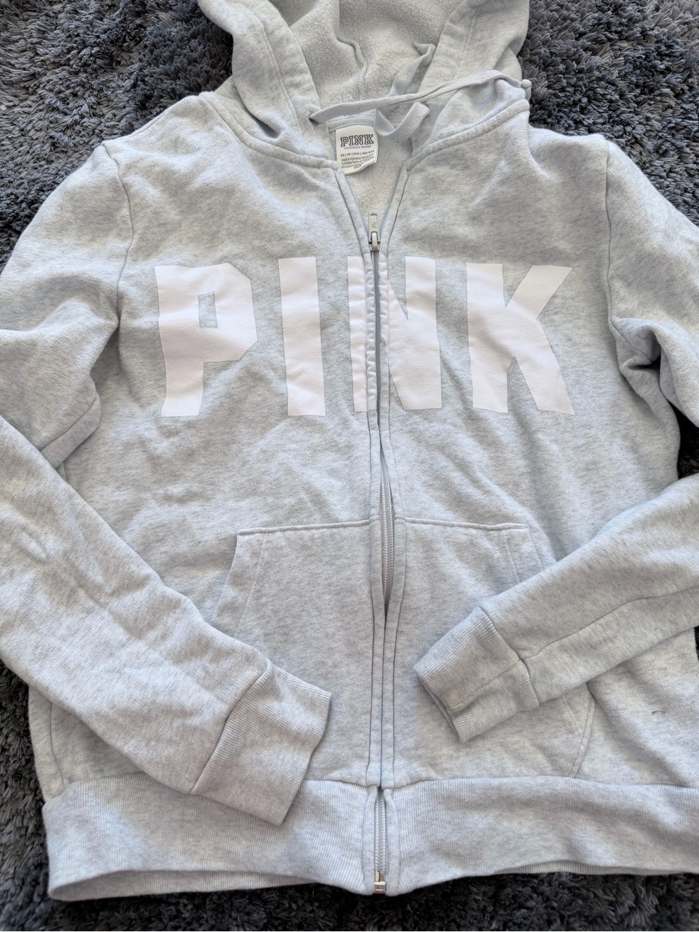PINK Victoria's Secret Light Gray Full-Zip Hoodie with White Logo
